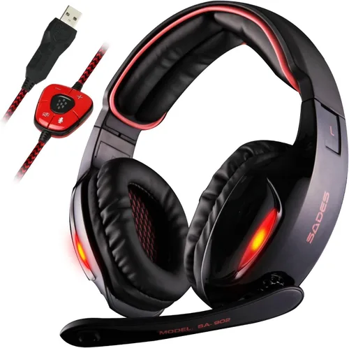 Vista 2 de Sades SA902audífonos para juegos de PC alámbrico con estéreo con USB virtual de canal 7.1, audífonos diadema con micrófono, control de volumen, luz
