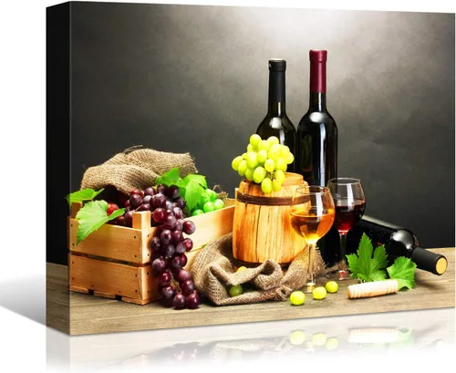 Vista 36 de Denozer - Arte de pared para cocina, lienzo, obras de arte de frutas, uvas, botellas de vino, alimentos, pintura en lienzo para comedor, decoración