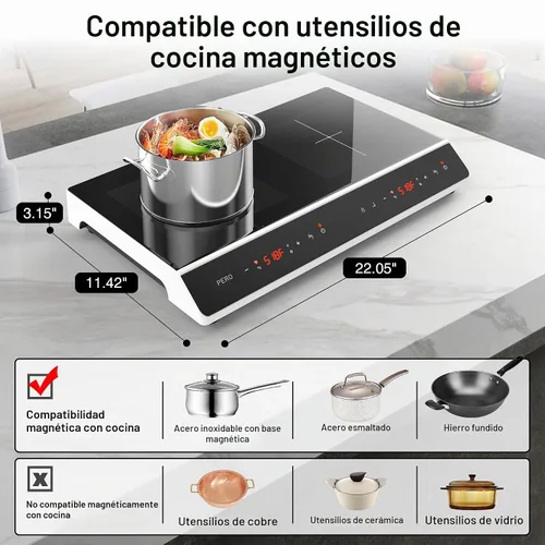 Vista 4 de GIHETKUT Placa de cocción de doble inducción, 4000 W, 2 quemadores, placa de inducción con pantalla táctil LED, 10 niveles de ajustes con bloqueo