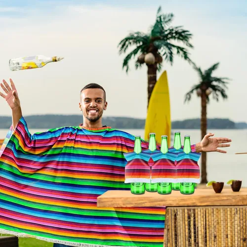 Vista 5 de Zubebe 30 piezas de poncho de cerveza mini serapes para Cinco de Mayo, poncho mexicano de sarapes surtidos, cubierta de bebida para botellas
