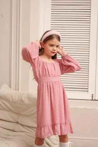 Vista 6 de GRACE KARIN Vestido escalonado con volantes para niñas, vestido acampanado de manga larga con lunares suizos, 6-12 años
