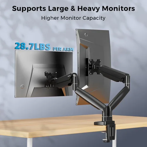 Vista 3 de Soporte de Monitor Curvo Brazo Dual para Monitor hasta Pantallas de 35", Máximo 28.6 libras Cada Una, Brazo de Monitor Ultra Ancho Resistente, Giro