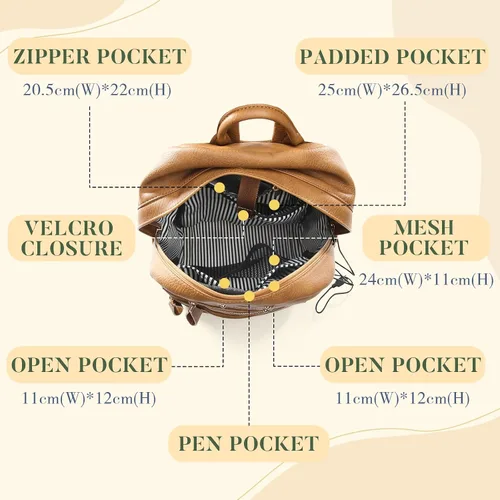 Vista 4 de miss fong Bolsa de pañales pequeña para viaje, de cuero, mochila para pañales de bebé con 7 bolsillos con cargador USB y 2 bolsillos aislados
