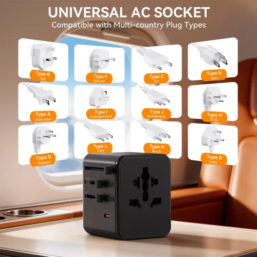 Vista 8 de Auxmir Adaptador de viaje universal, adaptador de enchufe de viaje de carga rápida PD de 45 W Negro