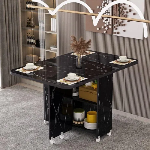 Vista 8 de LAKIQ Mesa de comedor plegable moderna con ruedas y estante de almacenamiento de 2 capas, mesa plegable de cocina rectangular con plomo para Beige