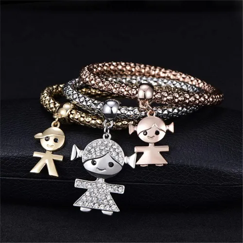 Vista 2 de Pulseras multicapa con dijes de cristal, 3 unidades, oro y plata, oro rosa, pulsera elástica en forma de corazón para mujer, árbol de la vida