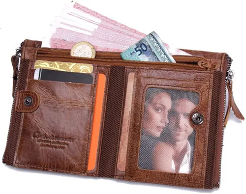 Vista 3 de FENICAL billetera plegable de piel para hombre, billetera con doble cremallera, ligera, unisex, color marrón
