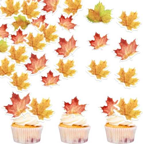 Vista 15 de Rsstarxi Paquete de 24 adornos para cupcakes con purpurina de otoño de hojas de arce de otoño, palillos para cupcakes, decoración de pasteles