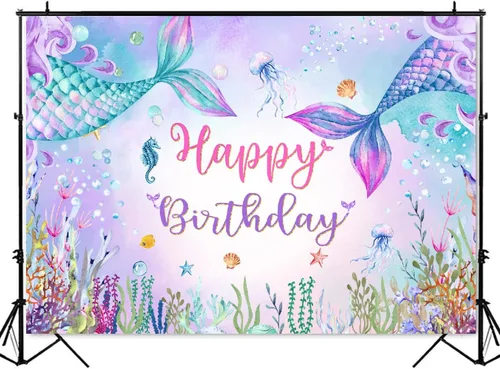 Vista 8 de Mocsicka Telón de fondo de cumpleaños de sirena de 7 x 5 pies, decoración de fantasía bajo el mar, decoración para niñas, fondo de fotografía