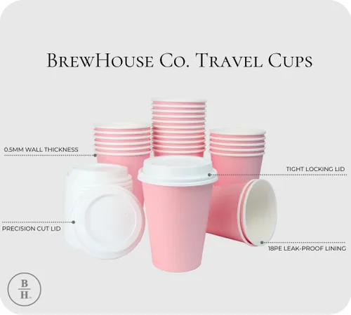 Vista 4 de BrewHouse - Tazas de café desechables con tapas, de 12 onzas, tazas de café de papel de lujo con tapas, 25 unidades, color rosa