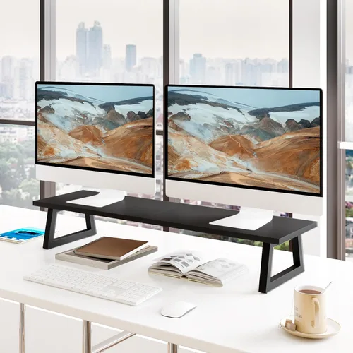 Vista 2 de TEAMIX Elevador de monitor doble de 31.5 pulgadas, soporte largo negro para monitor, soporte de TV ancho para 2 monitores, soporte de escritorio