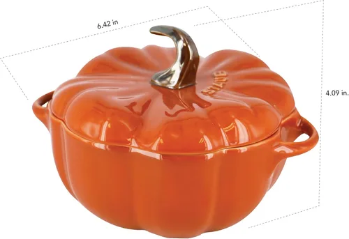 Vista 6 de STAUB Pequeña cerámica de 0.5 cuartos de galón, apta para horno y estufa hasta 572 °F, plato de calabaza, hornear, plato de caramelo, naranja quemado