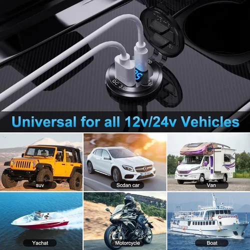 Vista 6 de Enchufe de cargador de automóvil de aluminio USB C de 12V, salida de 12 voltios, PD 20W y carga rápida 3.0 18W, puerto USB de automóvil impermeable