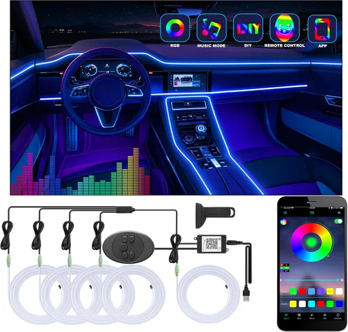 Vista 9 de Tira de luces LED para coche, luces interiores del coche, kit de iluminación LED ambiental con RGB de 16 millones de colores de fibra óptica y ritmo