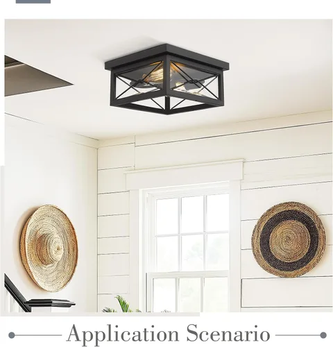 Vista 5 de Emliviar, lámpara de techo para interiores y exteriores, 0387B-CL Farmhouse metal cage with clear glass shade; 2 E26 bulbs; for kitchen, hallway