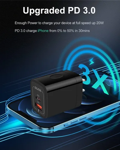 Vista 2 de Paquete de 3 cargadores USB C, cargador USB de doble puerto USB-C enchufable de pared 20 W PD y QC3.0 tipo A bloque de carga rápida para Samsung
