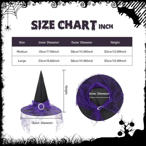 Vista 20 de Zando Sombreros de bruja de encaje para mujer, accesorios de disfraz de Halloween, accesorios de disfraz de bruja plegables para colgar