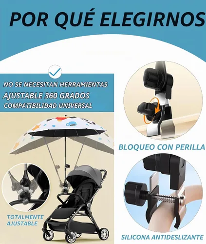 Vista 4 de Accesorio universal ajustable para sombrilla de cochecito de 360°, soporte de paraguas para sillas, bicicletas y sillas de ruedas, abrazadera