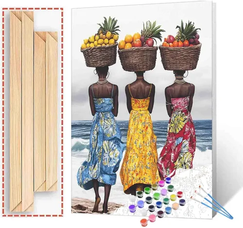 Vista 30 de Pintura de niña afro a la moda, kits de pintura por números, 16 x 20 pulgadas, lienzo de hojas tropicales, pintura al óleo para niños y adultos