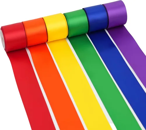 Vista 14 de Cinta de satén arco iris multicolor de 3/8 pulgadas, surtido de 6 rollos de cinta delgada de arco iris para envolver, tarjeta de invitación, Arco