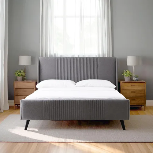 Vista 3 de Livinia Sunset - Cama de plataforma con respaldo de alas, base de cama tapizada de tela con cabecera de canal vertical, listones de madera fuertes