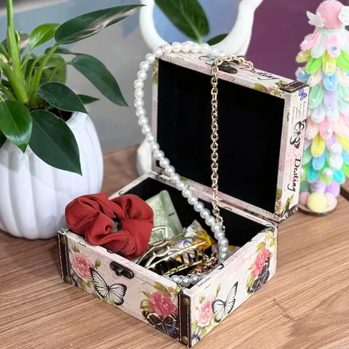 Vista 5 de Joyero de mariposa rosa caja decorativa de almacenamiento para joyas, baratijas, fotos, caja de madera del tesoro para mujeres y niñas, regalos caja