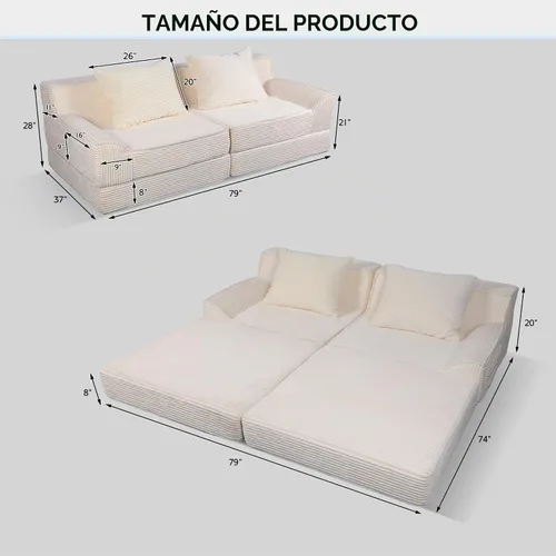 Vista 2 de Sofá cama convertible de 79 pulgadas, pana sin hueso con espuma viscoelástica, color beige