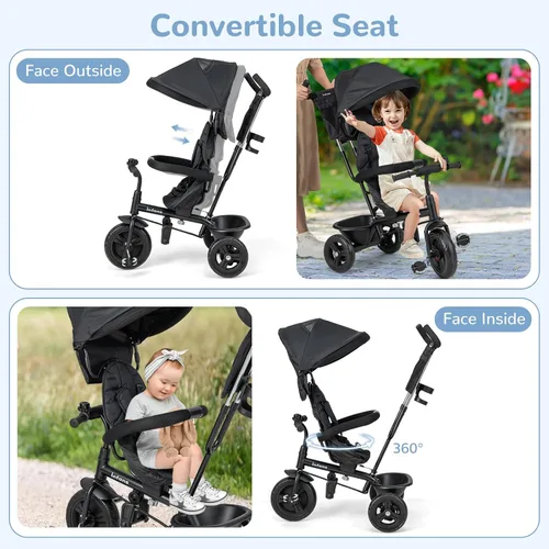 Vista 6 de INFANS Triciclo para Niños, Triciclo de Bebé 6 en 1 Bicicleta para Niños Pequeños con Asiento Reversible, Mango de Empuje Ajustable, Control
