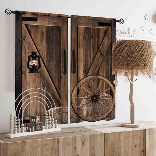 Vista 2 de Cortinas de puerta de granero, cortinas de madera rústica de granja, cabina de madera, tablón de madera, puerta de garaje de madera de granero