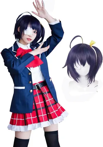 Vista 6 de Anime Takanashi Rikka Cosplay uniforme escolar conjunto con abrigo calcetines corbata
