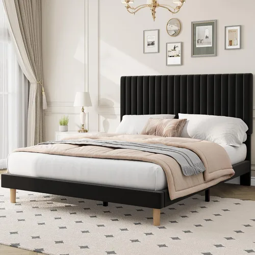 Vista 10 de IDEALHOUSE Base de cama individual con cabecera ajustable, plataforma tapizada de terciopelo, marco de cama tamaño individual, canal vertical Beige