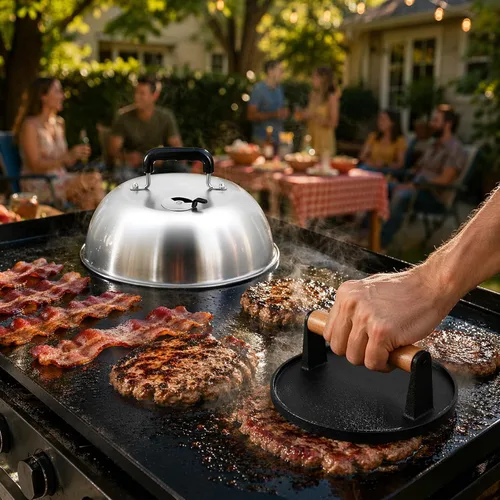 Vista 6 de Leonyo Kit de prensa de hamburguesa Smasher de hierro fundido y plancha de Plateado
