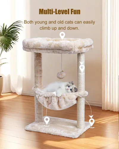 Vista 2 de SYANDLVY Árbol pequeño para gatos de interior, torre de actividad para gatos con poste rascador para gatitos, muebles para gatos con cesta y bola