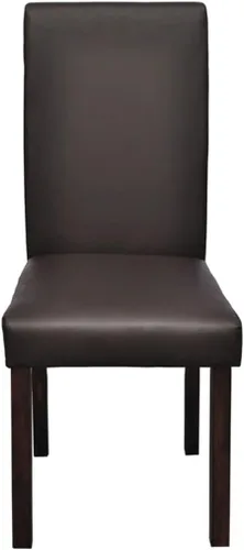 Vista 3 de Juego de 4 sillas de comedor modernas de piel sintética con marco de madera marrón con respaldo de asiento acolchado, cómodo estilo de granja
