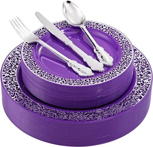 Vista 8 de U-QE 150 platos de plástico negro con cubiertos de plástico dorado, platos negros desechables para fiestas, incluyen 30 platos llanos de 10.25