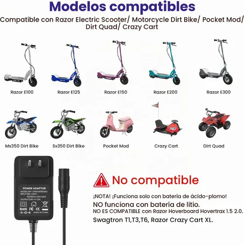 Vista 2 de Cargador de scooter eléctrico de 24 V para Razor E100 E125 E150 E175 E200 E300 MX350 Dirt Bike Pocket Mod Dirt Quad Motocicleta Scooter Cargador