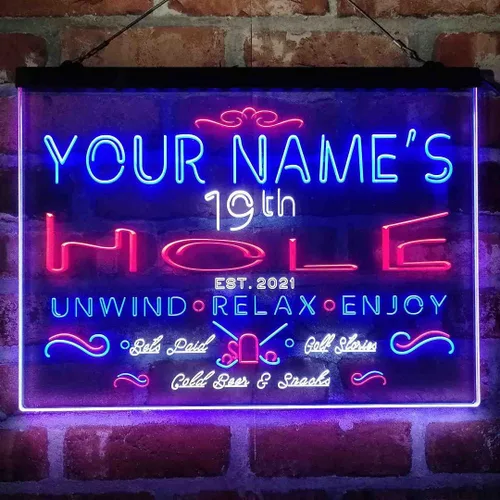 Vista 12 de Personalized 19th Hole Golf Club Tri-Color LED Neon Light Sign Customize Name Date Text Quote Font Green & Red & Yellow 13 x 8.7 Inches