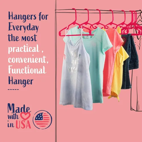 Vista 5 de USA Made 60 perchas infantiles de alta calidad, muy duraderas y resistentes tubulares para niños, paquete económico de 60 unidades, color rosa