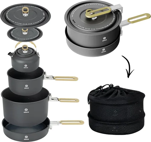 Vista 9 de Alocs Camping Cookware Set - Lightweight Camping Pots and Pans - Portable Outdoor Cookware with Kettle - Camping Cookware Mess Kit for 2