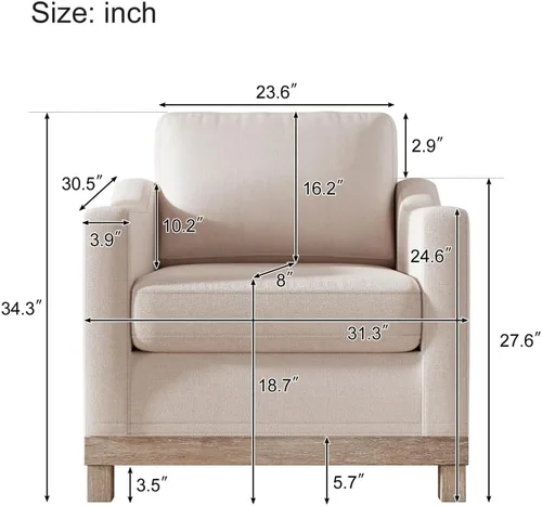 Vista 2 de Sillón moderno de lino/silla de acento/sofá individual con base de madera de goma para sala de estar, dormitorio, apartamento, oficina, color beige