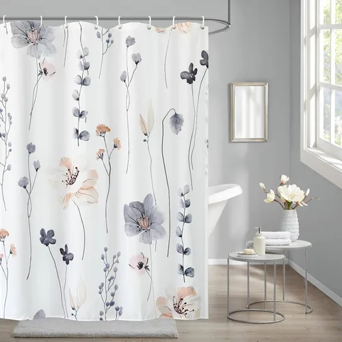 Vista 7 de Juego de cortinas de ducha – Cortina de baño floral con flores azules y beige, cortina de ducha para baño, juego de cortina de ducha de tela