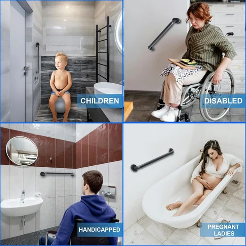 Vista 5 de Barra de agarre negra mate de 12 pulgadas para baño, ducha, inodoro, riel de seguridad ADA/acero inoxidable 304/moleteado