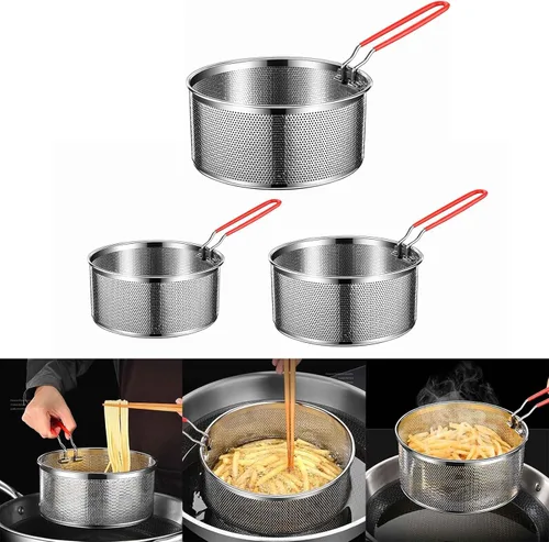 Vista 2 de Cesta para freír resistente a altas temperaturas para cocinar, colador de alimentos redondo de acero inoxidable para servir alimentos - Colador