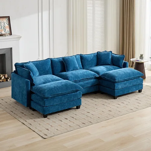 Vista 78 de Sofá seccional modular verde de 111.5", sofás seccionales grandes de 3 plazas para sala de estar, sofá nube oversized de tela chenille con otomana