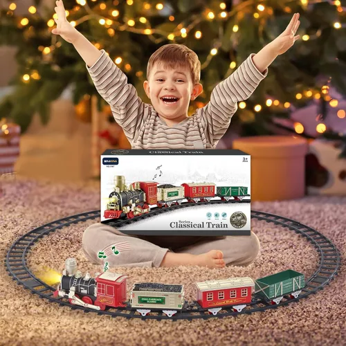Vista 2 de Juego de tren eléctrico clásico para niños de 3 a 8 años con luces y sonidos, tren de juguete a pilas con locomotora, autos y pistas, ferrocarril