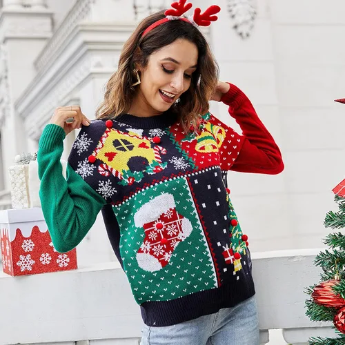 Vista 2 de IFFEI Suéter feo de Navidad para mujer, suéter de cuello redondo con estampado novedoso