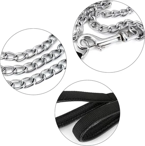 Vista 2 de Correa de cadena de metal chapado en cromo con mango acolchado suave para perros pequeños (S, mango negro)