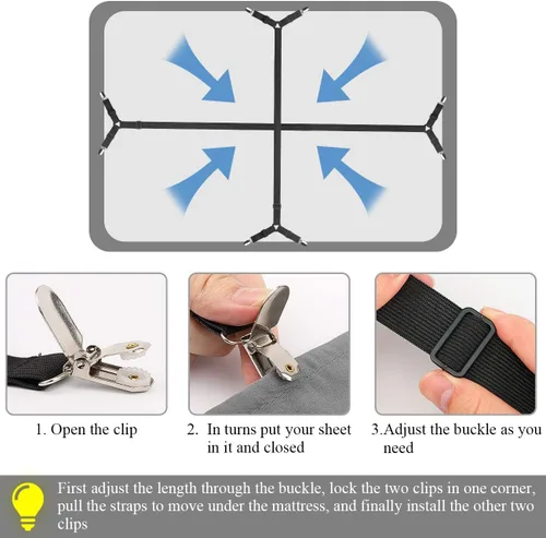 Vista 4 de ZHOUBIN Correas de soporte de sábanas, correas elásticas ajustables entrecruzadas, correas de sujeción para todas las sábanas, fundas de colchón