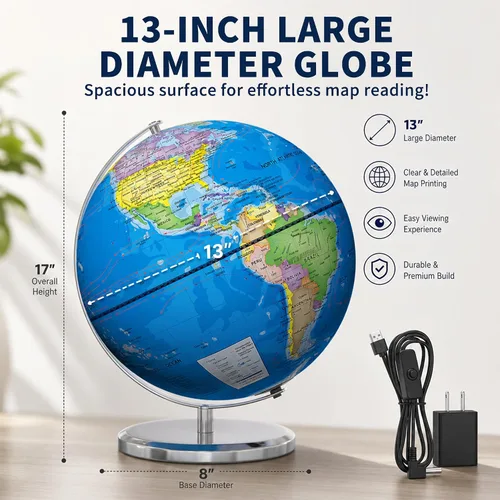 Vista 2 de Orionstar Globo mundial grande de 13 pulgadas con soporte, globo educativo para el aprendizaje de los niños, detalles coloridos del mapa del mundo