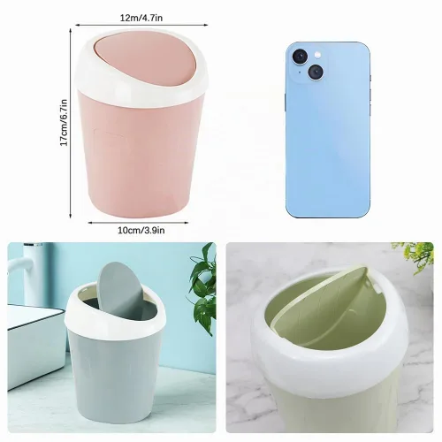 Vista 2 de SITAKE 2 cubos de basura de plástico con 120 bolsas de basura, pequeño cubo de basura de escritorio con tapa abatible para el hogar, oficina Azul